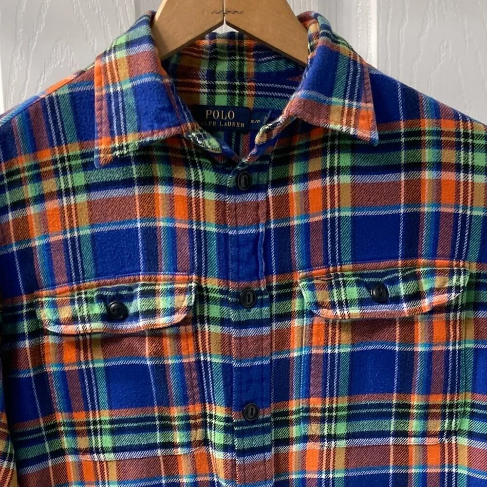 Polo Ralph Lauren Blue Orange Green Plaid Flannel Work Shirt Size S/P